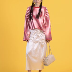 FALDA SATIN RUNCH Y OVER LARGA RAYAS ROJAS